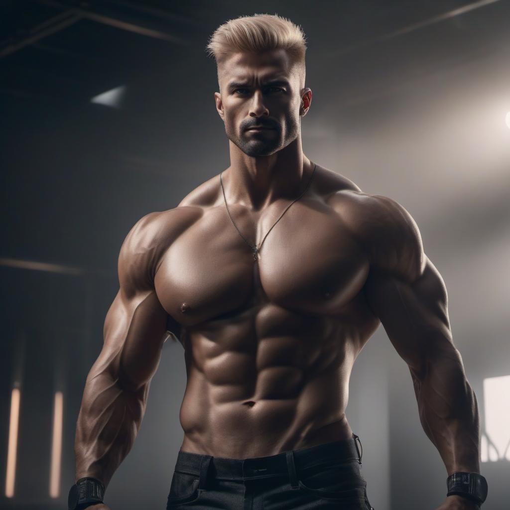  A guy with light hair and a muscular body is standing tall. hyperrealistic, full body, detailed clothing, highly detailed, cinematic lighting, stunningly beautiful, intricate, sharp focus, f/1. 8, 85mm, (centered image composition), (professionally color graded), ((bright soft diffused light)), volumetric fog, trending on instagram, trending on tumblr, HDR 4K, 8K