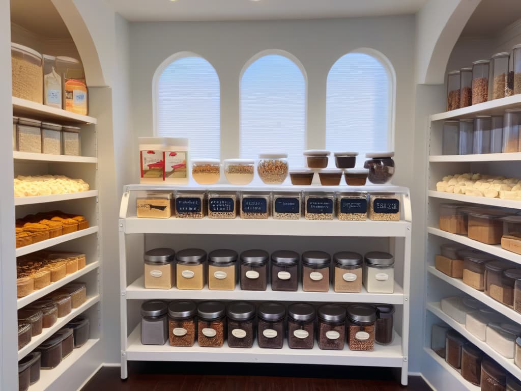  A photorealistic image of a perfectly organized pantry dedicated to baking supplies, showcasing neatly arranged shelves filled with colorful sprinkles, various types of flour in glass jars, stacks of cookie cutters, piping bags, and an assortment of decorative cupcake liners. The labels on the containers are beautifully handwritten, adding a touch of elegance to the overall aesthetic. The soft, natural light filtering through a nearby window highlights the meticulous organization and inspires a sense of creativity and efficiency in the viewer. hyperrealistic, full body, detailed clothing, highly detailed, cinematic lighting, stunningly beautiful, intricate, sharp focus, f/1. 8, 85mm, (centered image composition), (professionally color graded), ((bright soft diffused light)), volumetric fog, trending on instagram, trending on tumblr, HDR 4K, 8K