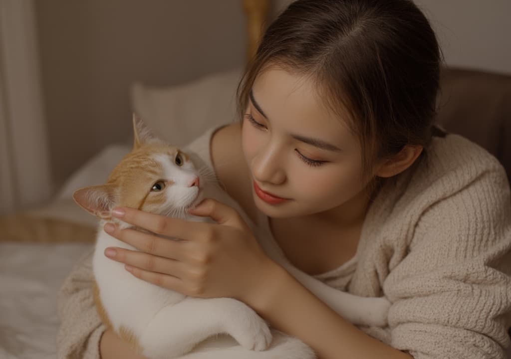  good quality, high quality, a close up portrait of a young gently holding her cat. the ’s expression is tender and affectionate as she gazes at the cat, who looks content and relaxed. the scene is rendered in a soft, detailed style, emphasizing the textures of the 's hair and the cat’s fur, creating a warm and atmosphere