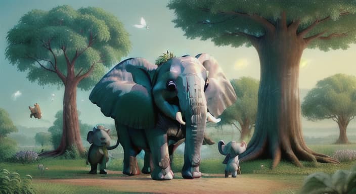  {An elephant standing in a park looking at a giant tree with a fairy on top., The elephant is big and gray with long tusks. The fairy is small with wings and a sparkly dress.