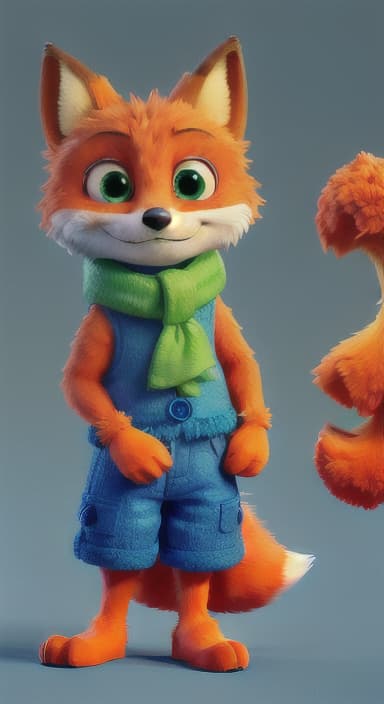  {Error the fox pressing the blue button with his paw, looking puzzled as nothing occurs., Error is a small, bright orange fox with a fluffy tail and big, inquisitive eyes. He has a mischievous yet kind expression and wears a tiny green scarf.