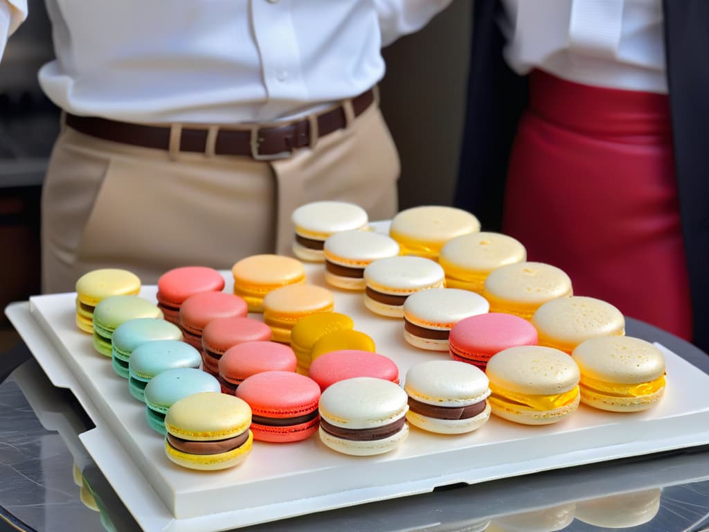  A photorealistic image of a French pastry chef delicately piping pastelcolored macaron batter onto a baking sheet, with a row of perfectly baked and beautifully decorated macarons displayed on a pristine marble countertop in the background. The chef's focused expression and precise hand movements capture the artistry and skill required to create these delicate French treats, while the vibrant colors and intricate details of the macarons showcase their elegance and desirability. hyperrealistic, full body, detailed clothing, highly detailed, cinematic lighting, stunningly beautiful, intricate, sharp focus, f/1. 8, 85mm, (centered image composition), (professionally color graded), ((bright soft diffused light)), volumetric fog, trending on instagram, trending on tumblr, HDR 4K, 8K