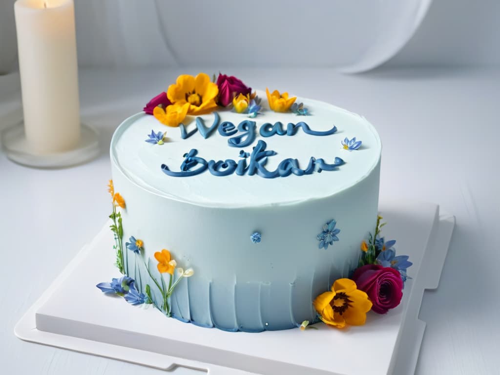  A minimalistic and elegant image of a beautifully decorated vegan cake, showcasing intricate details like delicate frosting swirls, edible flowers, and finely piped lettering that reads "Vegan" in cursive script. The cake sits on a sleek white platter against a soft pastel backdrop, emphasizing its artful presentation and inviting aesthetic. hyperrealistic, full body, detailed clothing, highly detailed, cinematic lighting, stunningly beautiful, intricate, sharp focus, f/1. 8, 85mm, (centered image composition), (professionally color graded), ((bright soft diffused light)), volumetric fog, trending on instagram, trending on tumblr, HDR 4K, 8K