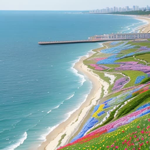  Spring flowers bloom, facing the sea,