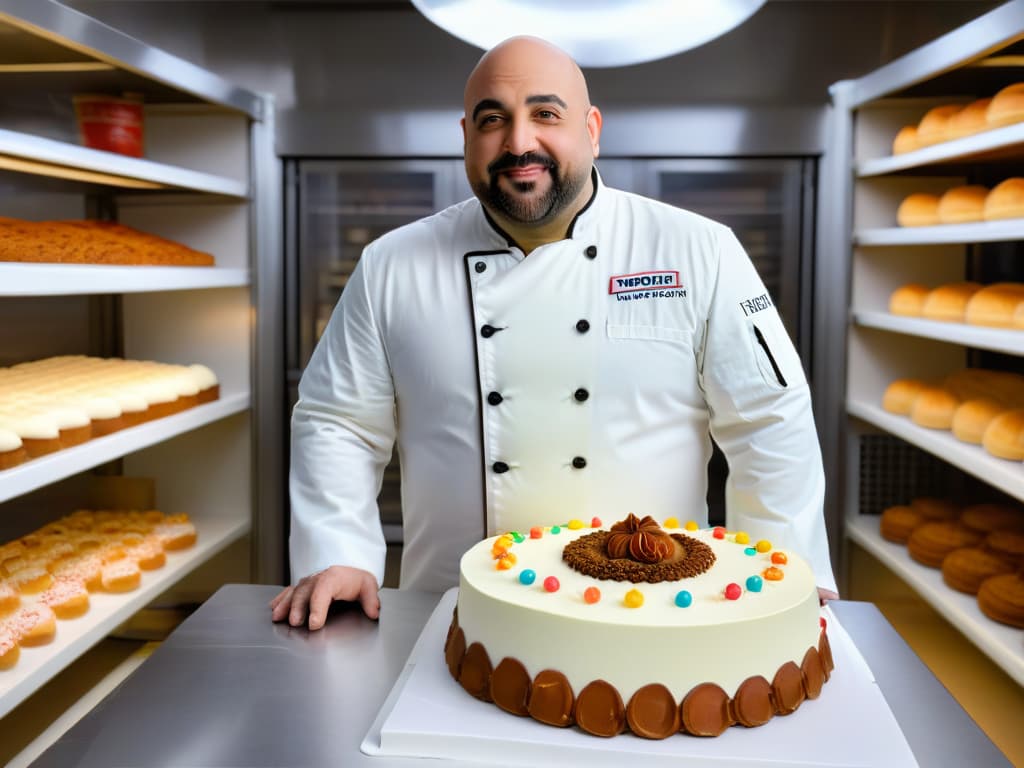  An ultradetailed image of Duff Goldman standing proudly in front of a gleaming, stateoftheart bakery kitchen, surrounded by shelves filled with colorful ingredients and a variety of pastry tools. Duff is wearing a crisp white chef's jacket, his sleeves rolled up, and a determined expression on his face as he gazes at a beautifully decorated cake in front of him. The image captures the essence of Duff as a rebel in the world of pastry, with a modern and minimalist aesthetic that highlights his passion for innovation and creativity in baking. hyperrealistic, full body, detailed clothing, highly detailed, cinematic lighting, stunningly beautiful, intricate, sharp focus, f/1. 8, 85mm, (centered image composition), (professionally color graded), ((bright soft diffused light)), volumetric fog, trending on instagram, trending on tumblr, HDR 4K, 8K