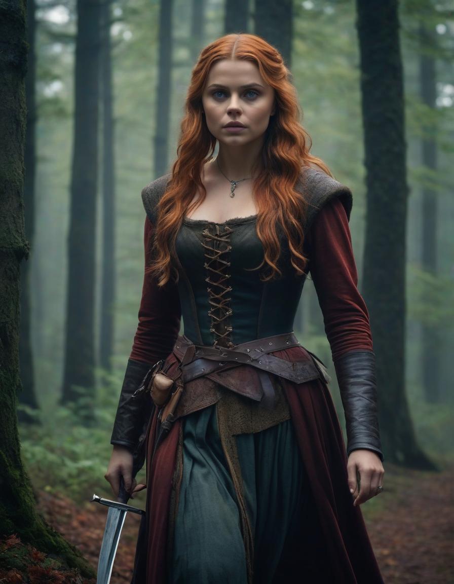  cinematic film still The era of medieval wars, a frame from a film, the most detailed image, cloudy and foggy autumn morning, rain, Chloe Grace Moretz with long light red hair, in a dark forest robber costume, holding a hunting knife in her right hand, with a combat dynamic expressive pose, prepared for battle, forest, maximum detail, especially carefully drawn faces, the maximum correspondence of historical medieval clothes, small details, the most correct anatomy, . shallow depth of field, vignette, highly detailed, high budget, bokeh, cinemascope, moody, epic, gorgeous, film grain, grainy hyperrealistic, full body, detailed clothing, highly detailed, cinematic lighting, stunningly beautiful, intricate, sharp focus, f/1. 8, 85mm, (centered image composition), (professionally color graded), ((bright soft diffused light)), volumetric fog, trending on instagram, trending on tumblr, HDR 4K, 8K