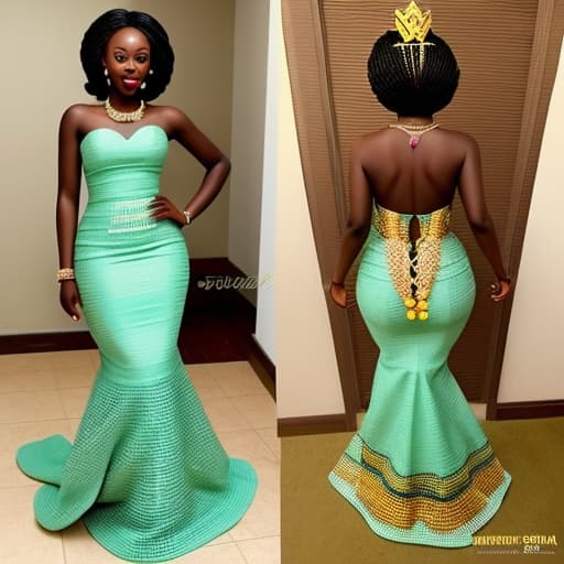  A Ghanaian modern bride in a stylish mint green Ghanaian KENTE gown with chains and petals . Should be a mermaid dress that looks regal and has highlights of kente colors. Must look like a beauty queen with a golden crown