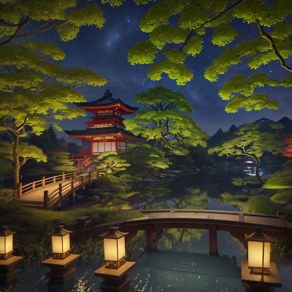  masterpiece, best quality, (Fidelity: 1.4), Best Quality, Masterpiece, Ultra High Resolution, 8k resolution, A night view inspired by Japanese art, featuring a garden illuminated by paper lanterns and a wooden bridge spanning a tranquil lake, by the lakeside, there is a small Zen temple. The water reflects the starry sky.