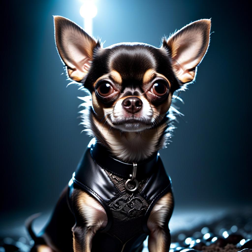  horror themed A chihuahua with awe inspiring aisle body . eerie, unsettling, dark, spooky, suspenseful, grim, highly detailed hyperrealistic, full body, detailed clothing, highly detailed, cinematic lighting, stunningly beautiful, intricate, sharp focus, f/1. 8, 85mm, (centered image composition), (professionally color graded), ((bright soft diffused light)), volumetric fog, trending on instagram, trending on tumblr, HDR 4K, 8K