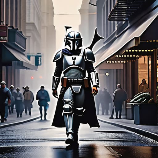  Yodo from the series The Mandalorian stands on a busy street hyperrealistic, full body, detailed clothing, highly detailed, cinematic lighting, stunningly beautiful, intricate, sharp focus, f/1. 8, 85mm, (centered image composition), (professionally color graded), ((bright soft diffused light)), volumetric fog, trending on instagram, trending on tumblr, HDR 4K, 8K