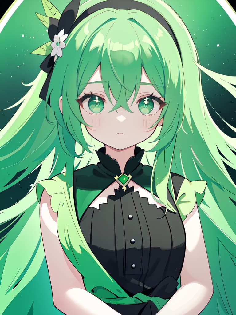  Green hair character with a black headband, masterpiece, best quality,8k,ultra detailed,high resolution,an extremely delicate and beautiful,hyper detail