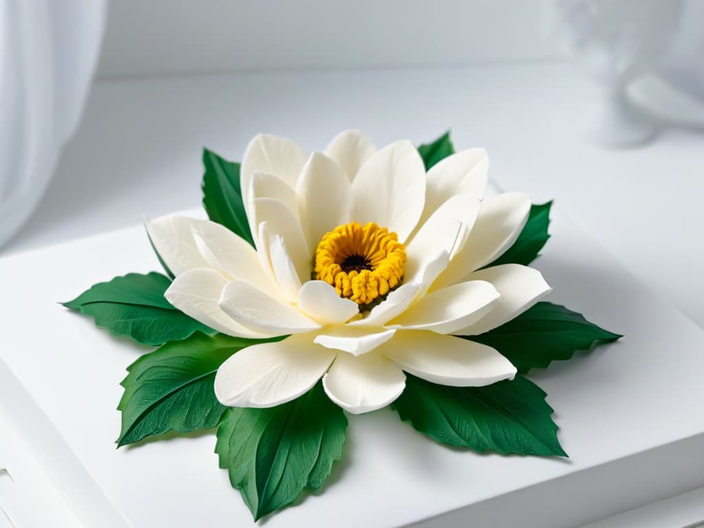  An ultradetailed closeup image of a delicate, intricate sugar flower crafted entirely from edible paper, showcasing the fine details and expert craftsmanship involved in using edible paper in creative pastry making. The flower is set against a clean, white background to highlight its minimalist beauty and innovative use of edible materials in the culinary arts. hyperrealistic, full body, detailed clothing, highly detailed, cinematic lighting, stunningly beautiful, intricate, sharp focus, f/1. 8, 85mm, (centered image composition), (professionally color graded), ((bright soft diffused light)), volumetric fog, trending on instagram, trending on tumblr, HDR 4K, 8K