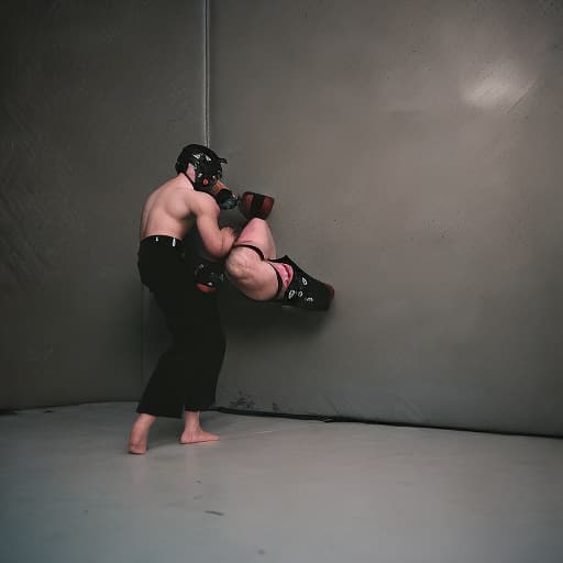 analog style mma fighter completing a takedown against the cage wall