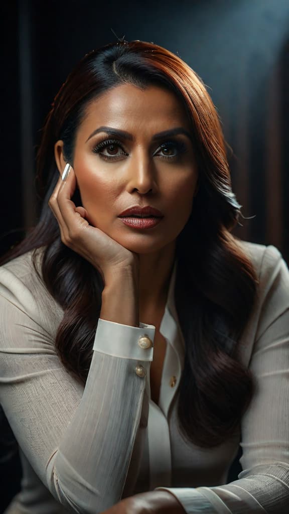  A woman in a dark room is sitting in front of a camera. She appears to be nervous, fidgeting with her hands. As she begins to speak, her voice wavers with emotion. She talks about a difficult experience she went through and how it has changed her perspective on life. Tears start to fill her eyes as she opens up about her struggles and the lesson she has learned from them. With each word she speaks, the rawness of her emotions become more evident, making the viewer feel a sense of vulnerability and connection with her. Despite the pain in her eyes, there is a sense of resilience and hope in her voice as she bravely shares her story. hyperrealistic, full body, detailed clothing, highly detailed, cinematic lighting, stunningly beautiful, intricate, sharp focus, f/1. 8, 85mm, (centered image composition), (professionally color graded), ((bright soft diffused light)), volumetric fog, trending on instagram, trending on tumblr, HDR 4K, 8K