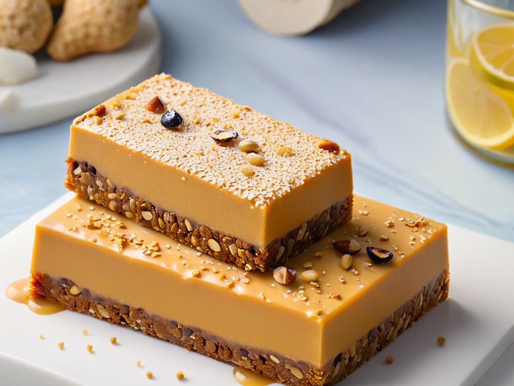  A closeup, ultradetailed image of a homemade vegan organic energy bar placed on a sleek, modern marble countertop. The energy bar is perfectly cut to showcase its wholesome ingredients like nuts, seeds, and dried fruits, glistening with a light drizzle of honey. The intricate textures and vibrant colors of the ingredients are captured in stunning detail, emphasizing the natural, healthy appeal of the snack. hyperrealistic, full body, detailed clothing, highly detailed, cinematic lighting, stunningly beautiful, intricate, sharp focus, f/1. 8, 85mm, (centered image composition), (professionally color graded), ((bright soft diffused light)), volumetric fog, trending on instagram, trending on tumblr, HDR 4K, 8K