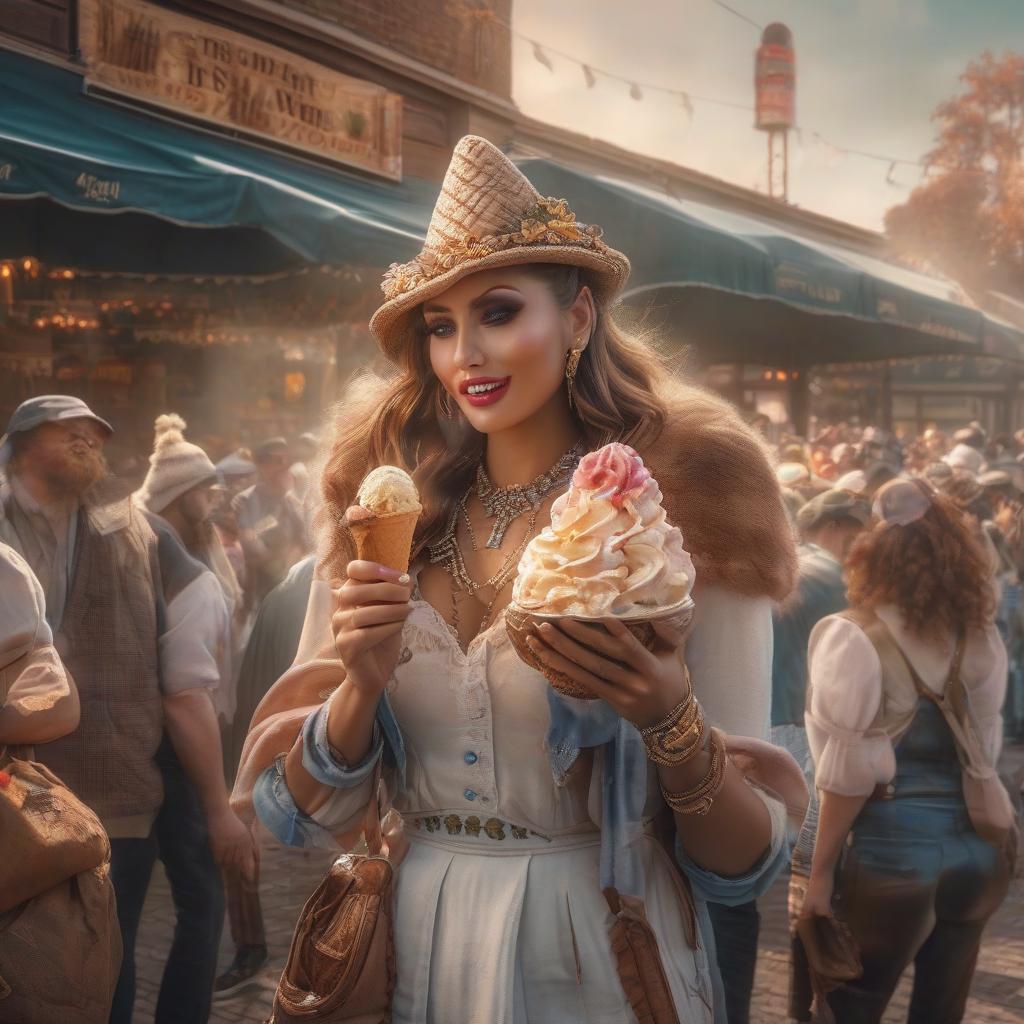  ice cream festival hyperrealistic, full body, detailed clothing, highly detailed, cinematic lighting, stunningly beautiful, intricate, sharp focus, f/1. 8, 85mm, (centered image composition), (professionally color graded), ((bright soft diffused light)), volumetric fog, trending on instagram, trending on tumblr, HDR 4K, 8K