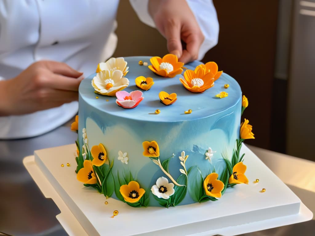  A closeup, ultradetailed image of a delicate, intricately designed fondant cake being meticulously decorated with tiny, colorful sugar flowers and edible gold leaf accents. The image showcases the skilled hands of a pastry chef gently placing the final touches on the exquisite cake, with soft natural light illuminating the scene, highlighting every intricate detail and texture of the dessert. hyperrealistic, full body, detailed clothing, highly detailed, cinematic lighting, stunningly beautiful, intricate, sharp focus, f/1. 8, 85mm, (centered image composition), (professionally color graded), ((bright soft diffused light)), volumetric fog, trending on instagram, trending on tumblr, HDR 4K, 8K