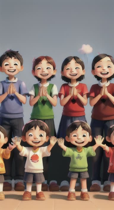  {A heartwarming scene of all the children waving goodbye with happy expressions., Children waving with wide smiles, looking grateful and content.