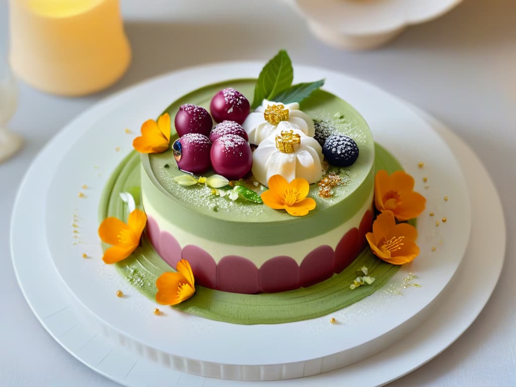  A photorealistic image of a beautifully plated Japanese dessert, featuring a minimalist design with delicate details. The dessert is elegantly arranged on a white porcelain plate, showcasing a balance of textures and colors. The centerpiece is a matcha green tea parfait with layers of creamy mousse, topped with a single perfect cherry blossom and a sprinkle of gold leaf. Surrounding the parfait are small, artfully arranged elements such as red bean paste, mochi, and edible flowers, all placed with precision to create a visually stunning and harmonious composition. The background is softly blurred to keep the focus on the intricate details of the dessert. hyperrealistic, full body, detailed clothing, highly detailed, cinematic lighting, stunningly beautiful, intricate, sharp focus, f/1. 8, 85mm, (centered image composition), (professionally color graded), ((bright soft diffused light)), volumetric fog, trending on instagram, trending on tumblr, HDR 4K, 8K