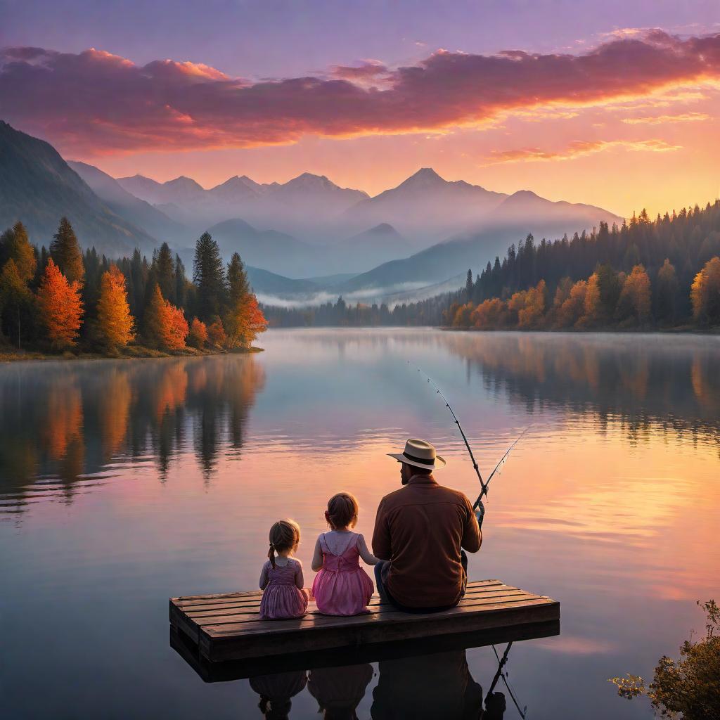  A tender scene of a father and his daughter fishing together by a peaceful lake. They are sitting side by side on a small dock, both holding fishing rods. The father is wearing a hat and casual attire, while the young daughter, with pigtails, is dressed in a cute dress and a small hat. The sun is setting in the background, casting a warm, golden glow over the calm water. The sky is painted with beautiful hues of orange, pink, and purple as their silhouettes gently reflect in the lake. The atmosphere is serene, capturing the special bond and the joy of spending quality time together. hyperrealistic, full body, detailed clothing, highly detailed, cinematic lighting, stunningly beautiful, intricate, sharp focus, f/1. 8, 85mm, (centered image composition), (professionally color graded), ((bright soft diffused light)), volumetric fog, trending on instagram, trending on tumblr, HDR 4K, 8K