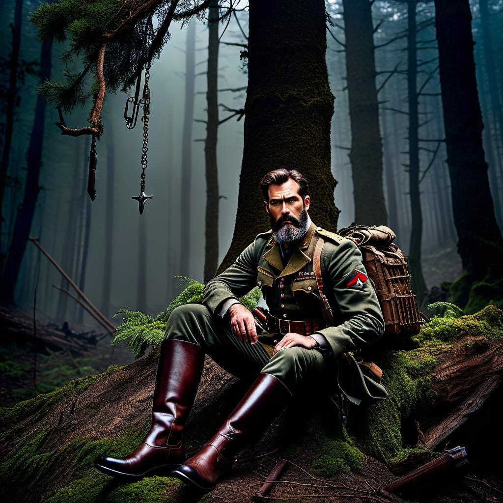  A bearded hunter sits in the forest on a tree, tired, holding a trap in his hands, a musket behind his back, wearing boots and the uniform of a World War I officer. A zombie is hanging from a tree. Post apocalyptic setting. Rocks in the background. hyperrealistic, full body, detailed clothing, highly detailed, cinematic lighting, stunningly beautiful, intricate, sharp focus, f/1. 8, 85mm, (centered image composition), (professionally color graded), ((bright soft diffused light)), volumetric fog, trending on instagram, trending on tumblr, HDR 4K, 8K