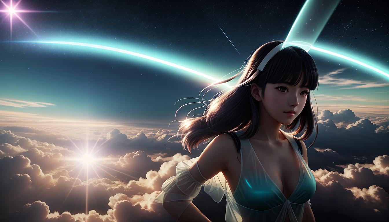  Retro anime aesthetics, retro futuristic A translucent figure, a piece of light breaking from its core, fragment floating away gracefully, ethereal and delicate, intimate, soulful, 4k, HDR, lens flare