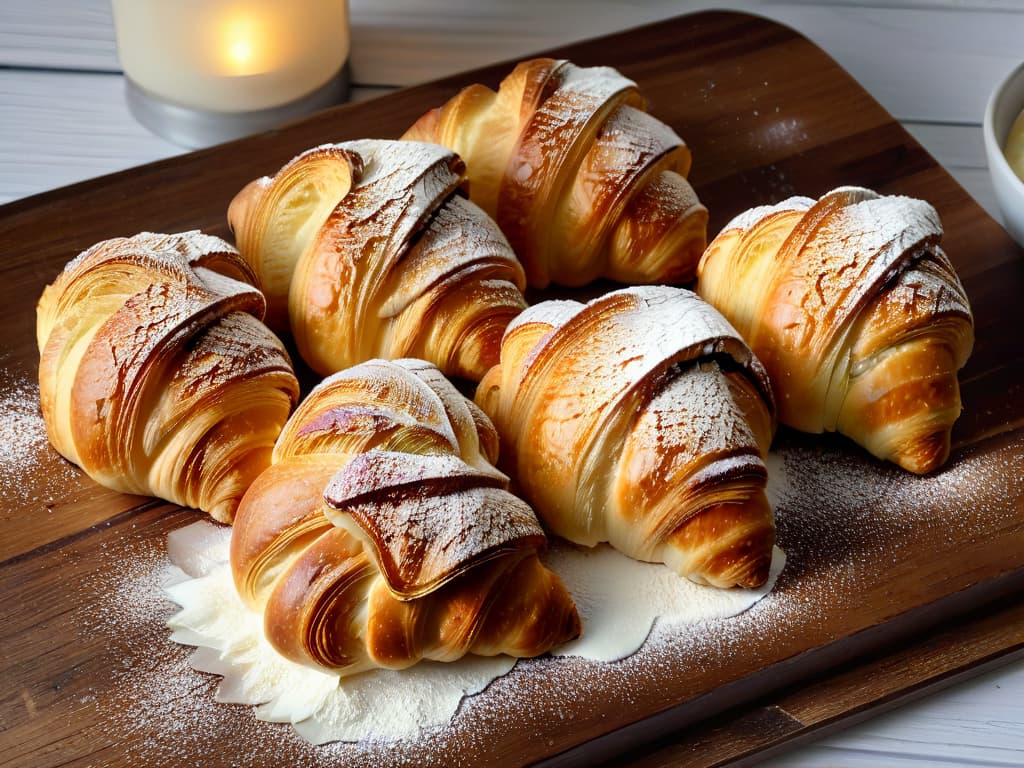  A closeup, highresolution image of perfectly flaky and goldenbrown croissants freshly baked, resting on a rustic wooden table with a light dusting of flour. The croissants are beautifully layered, showcasing the intricate lamination technique, with a slight steam rising from them, indicating their warmth. The lighting is soft, emphasizing the buttery gleam on the flaky layers, creating an inviting and mouthwatering visual for the readers of the article. hyperrealistic, full body, detailed clothing, highly detailed, cinematic lighting, stunningly beautiful, intricate, sharp focus, f/1. 8, 85mm, (centered image composition), (professionally color graded), ((bright soft diffused light)), volumetric fog, trending on instagram, trending on tumblr, HDR 4K, 8K