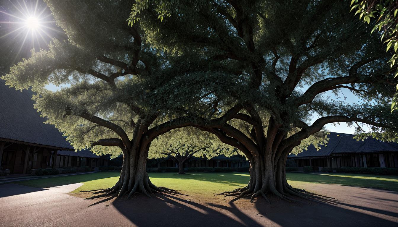  cinematic, aesthetic, Tree with deep roots and sprawling branches, detailed bark and leaves, roots intertwined with heart shapes, branches crisscrossing to form a protective canopy, growth, nurturing, core values, 4k, HDR, lens flare