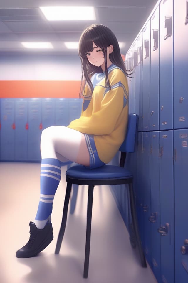  A gentle illustration style, Masterpiece, Bottom Angle, (Sitting In Chair) (Wearing HIGH SOCKS) (Locker Room), HIGH QUALITY K