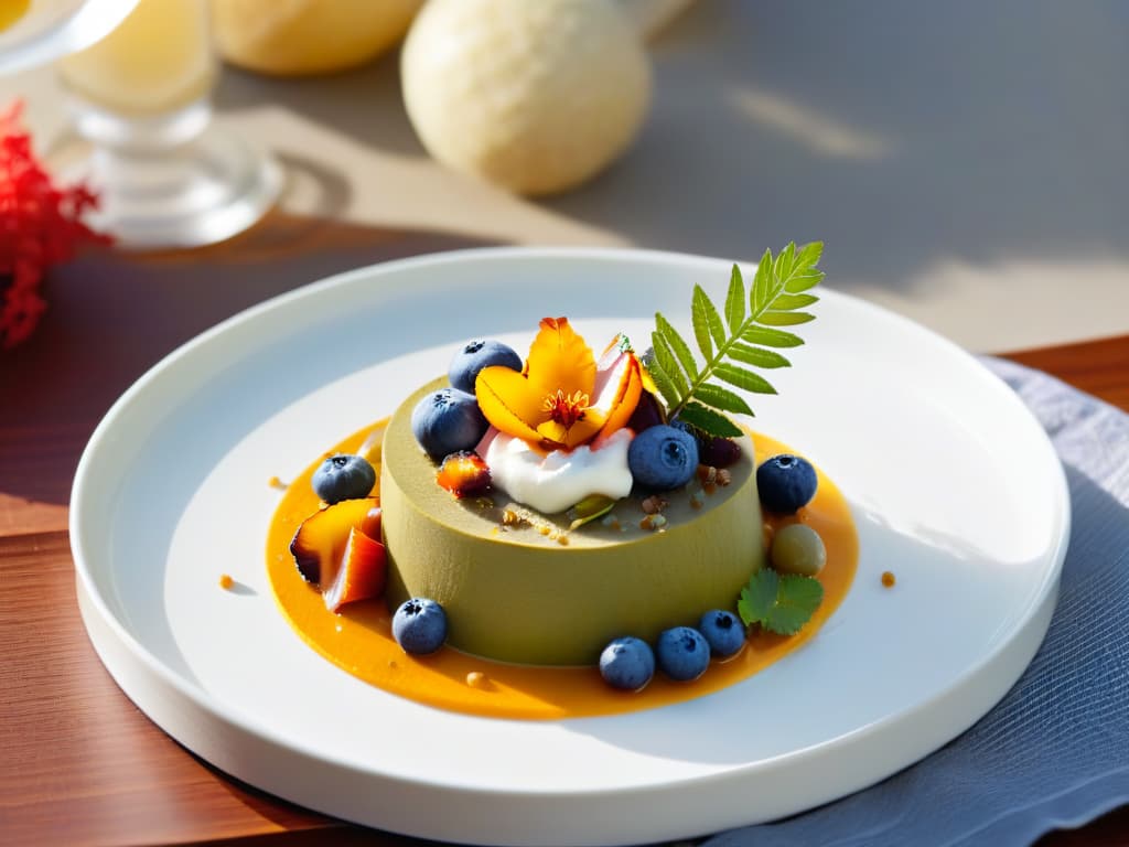  A highresolution image of a beautifully plated Australian dessert made with traditional Bush Tucker ingredients, showcasing intricate details and vibrant colors. The dessert is elegantly presented on a minimalist white plate, highlighting the fusion of traditional Aboriginal flavors with modern culinary techniques. The dish is garnished with native Australian fruits and herbs, creating a visually stunning and appetizing composition that perfectly captures the essence of Bush Tucker desserts. hyperrealistic, full body, detailed clothing, highly detailed, cinematic lighting, stunningly beautiful, intricate, sharp focus, f/1. 8, 85mm, (centered image composition), (professionally color graded), ((bright soft diffused light)), volumetric fog, trending on instagram, trending on tumblr, HDR 4K, 8K