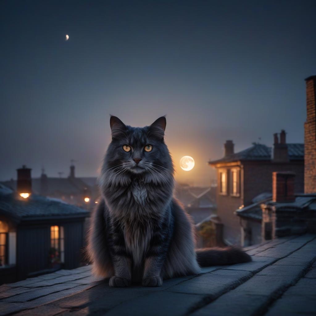  cinematic film still The cat walks along the rooftops, the full moon is shining, smoke is coming from the chimneys on the rooftops, night is in full swing . shallow depth of field, vignette, highly detailed, high budget, bokeh, cinemascope, moody, epic, gorgeous, film grain, grainy hyperrealistic, full body, detailed clothing, highly detailed, cinematic lighting, stunningly beautiful, intricate, sharp focus, f/1. 8, 85mm, (centered image composition), (professionally color graded), ((bright soft diffused light)), volumetric fog, trending on instagram, trending on tumblr, HDR 4K, 8K