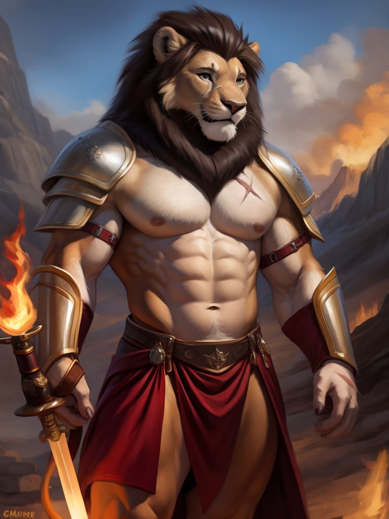  By chunie, by Zaush, portrait, full body, full view, photorealistic, anthro, male, lion, scar on face, standing, flaming armor:2, flame sword, surrounded by a flame aura, fireland, fire in background, ultra detailed flame, ultra detailed armor, sfw, thick body, muscular body, stare at the camera, open eyes, digital art, masterpiece, 4k, fine details,