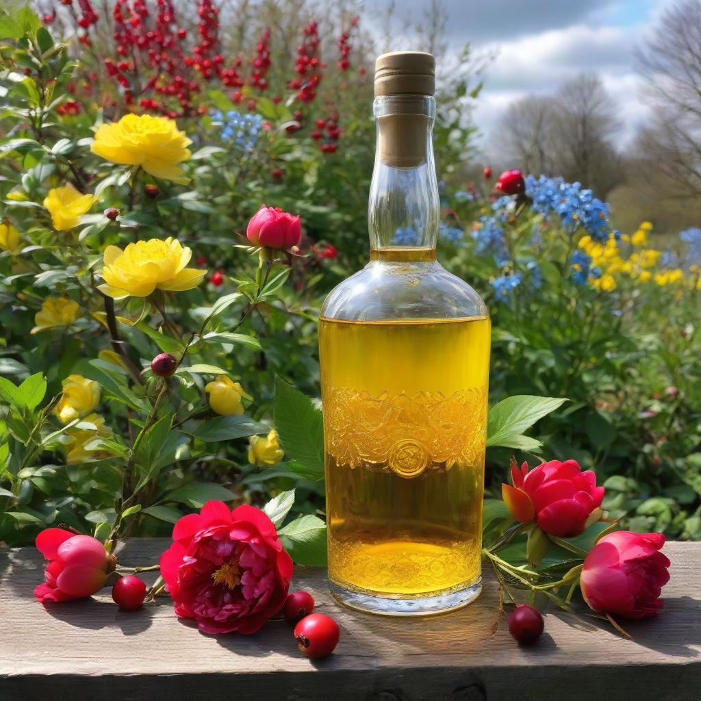  A bottle of vine. Rum roses, rosehips, rose hips, peonies, cherry tree, yellow, red, black flowers, forget me nots. A nice clear glass. ((Sparkling rim)): spring field, hyacinths, roses, rosehips, rose hips, peonies, cherry tree, yellow, red, black flowers, forget me nots. Nature in the background, spring, delight. Luxury, richness. High quality. Swarovski, pandora Rococo, realism. A masterpiece. The Ice Palace. Huge palace Grandiose construction. The palace is outside. Highly detailed, highly detailed. High quality. Beauty, grace, majesty. An ice lake. Fairy tale, fantasy. Alfonso Mucha. HDR. hyperrealistic, full body, detailed clothing, highly detailed, cinematic lighting, stunningly beautiful, intricate, sharp focus, f/1. 8, 85mm, (centered image composition), (professionally color graded), ((bright soft diffused light)), volumetric fog, trending on instagram, trending on tumblr, HDR 4K, 8K