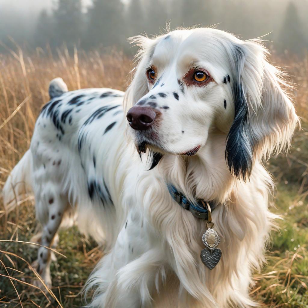  merle english setter, cute, hyper detail, full HD hyperrealistic, full body, detailed clothing, highly detailed, cinematic lighting, stunningly beautiful, intricate, sharp focus, f/1. 8, 85mm, (centered image composition), (professionally color graded), ((bright soft diffused light)), volumetric fog, trending on instagram, trending on tumblr, HDR 4K, 8K