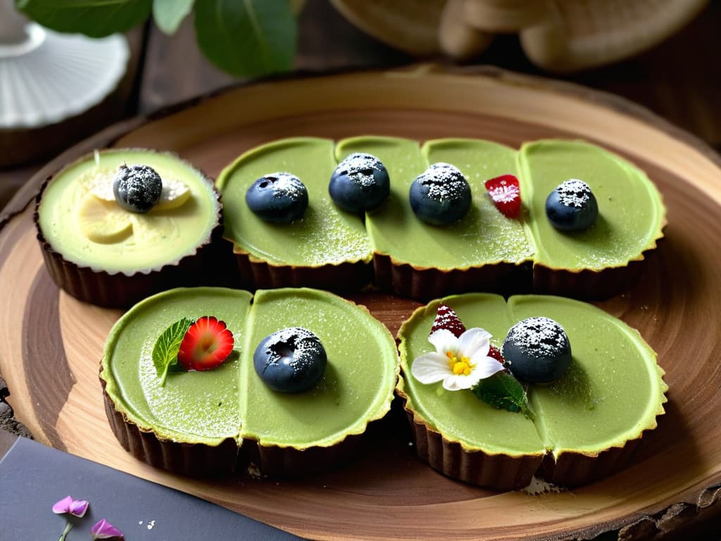  A beautifully arranged, minimalist dessert table featuring an assortment of elegantly crafted sustainable desserts such as vegan chocolate avocado mousse cups, glutenfree matcha coconut cookies, and organic berry tartlets. Each dessert is meticulously garnished with fresh edible flowers and delicate mint leaves, all presented on sleek, ecofriendly serving platters against a backdrop of rustic wooden textures and soft natural lighting, embodying the perfect blend of tradition and sustainability for a memorable event. hyperrealistic, full body, detailed clothing, highly detailed, cinematic lighting, stunningly beautiful, intricate, sharp focus, f/1. 8, 85mm, (centered image composition), (professionally color graded), ((bright soft diffused light)), volumetric fog, trending on instagram, trending on tumblr, HDR 4K, 8K