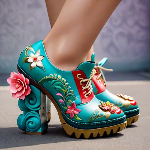  Subject detail: the image depicts a Highly detailed ornate shoe with chunky soles, The shoe is covered in soft, luxurious materials. Art style: in the mixed art style of Buffalo London, Irregular Choice, and Osamu Tezuka. Medium: This artwork is highly detailed and photorealistic. hyperrealistic, full body, detailed clothing, highly detailed, cinematic lighting, stunningly beautiful, intricate, sharp focus, f/1. 8, 85mm, (centered image composition), (professionally color graded), ((bright soft diffused light)), volumetric fog, trending on instagram, trending on tumblr, HDR 4K, 8K