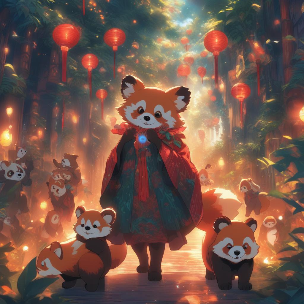  anime artwork Girl with red hair, girl in green dress, seen panda pup, red panda nearby, bamboo forest at night, full moon, lanterns, lamps, anime and anime. . anime style, key visual, vibrant, studio anime,  highly detailed