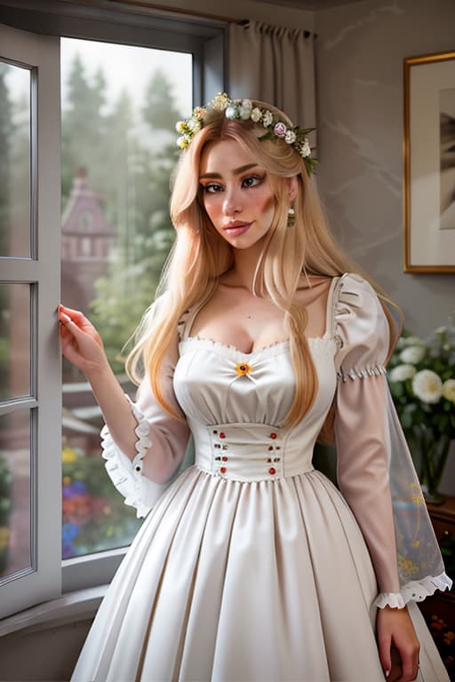  detailed and realistic portrait of a rapunzel maid with a few freckles, long blonde disheveled hairs, multicolor mesmerizing eyes, dark fluffy dress, soft natural lighting, portrait photography, magical photography, dramatic lighting, photo realism, ultra detailed, intimate portrait composition, flowers in background, Leica 50mm, f1. 4 hyperrealistic, full body, detailed clothing, highly detailed, cinematic lighting, stunningly beautiful, intricate, sharp focus, f/1. 8, 85mm, (centered image composition), (professionally color graded), ((bright soft diffused light)), volumetric fog, trending on instagram, trending on tumblr, HDR 4K, 8K