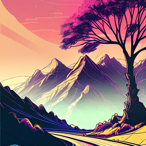 nvinkpunk Whimsical trees with mountains and sky