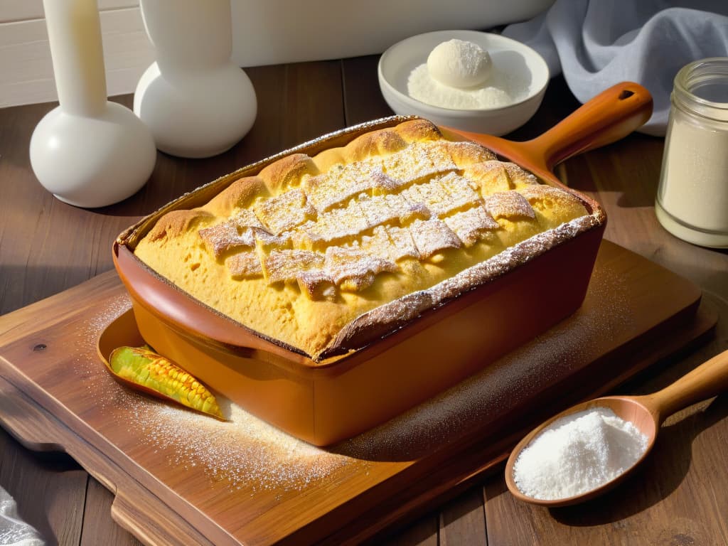  An ultradetailed photorealistic image of a freshly baked pan de elote resting on a rustic wooden table. The golden crust glistens under warm lighting, showcasing the intricate texture of the cornbread dotted with kernels of corn. A light dusting of powdered sugar delicately blankets the top, with a few crumbs scattered around the base. A backdrop of traditional Latin American kitchen utensils like a clay mortar and pestle, colorful handwoven napkins, and a vintage wooden spatula add to the authentic and inviting feel of the scene. hyperrealistic, full body, detailed clothing, highly detailed, cinematic lighting, stunningly beautiful, intricate, sharp focus, f/1. 8, 85mm, (centered image composition), (professionally color graded), ((bright soft diffused light)), volumetric fog, trending on instagram, trending on tumblr, HDR 4K, 8K