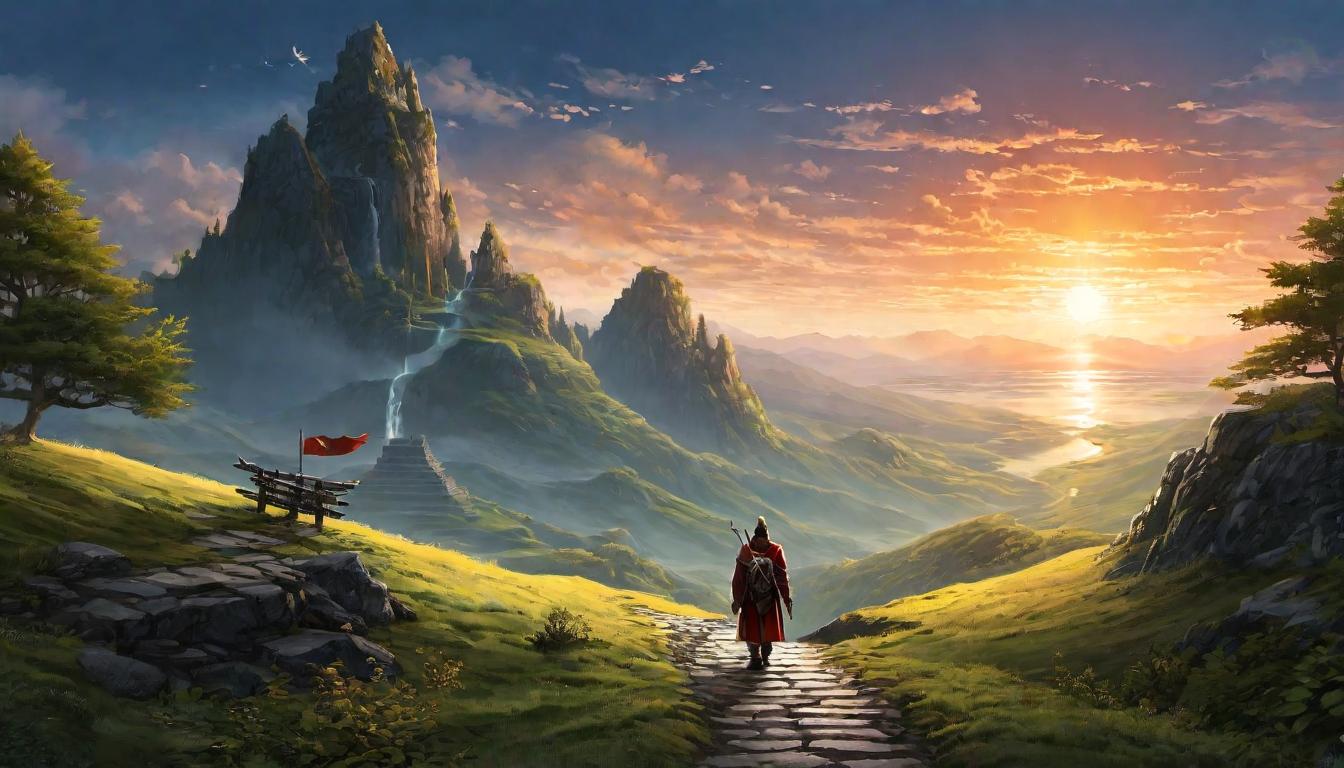  digital illustration, A well trodden path leading towards a glowing horizon, figure walking resolutely, various terrain symbols along the way, imagery of journey and perseverance, blessings along the way, looking at viewer, dynamic pose, (intricate details, masterpiece, best quality)