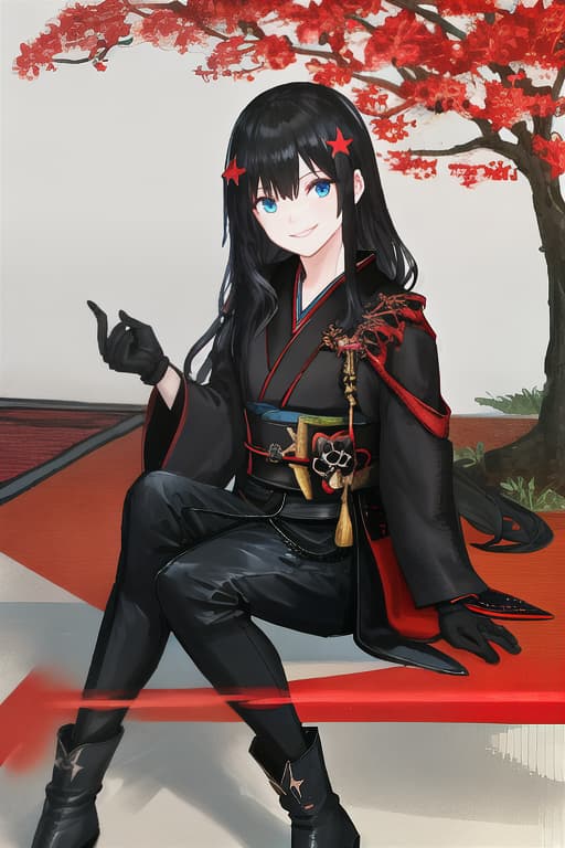  Black kimono, cluster amaryllis, black hair, blue eyes, boots, leather gloves, Japanese garden, triangular sitting, calm smile