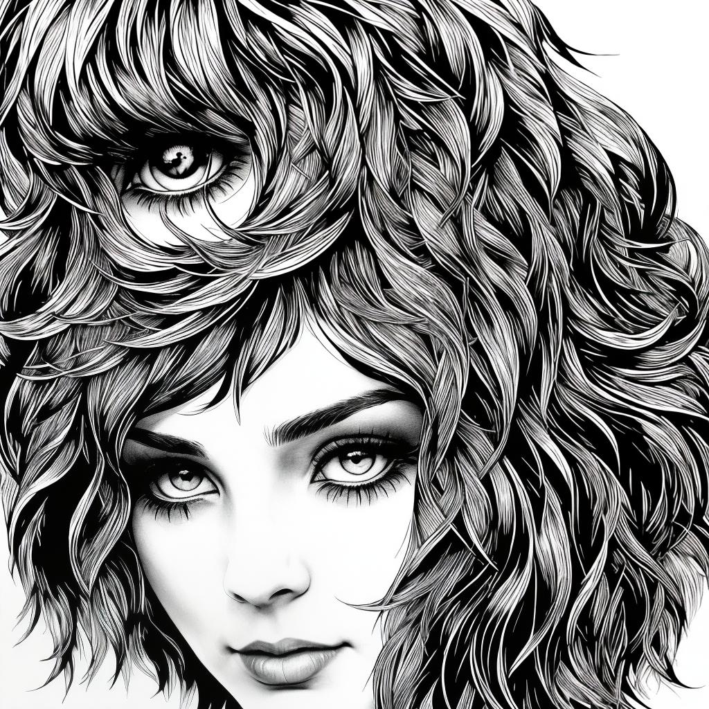  in ink style, Explore the depth of personality as ink weaves a portrait, showcasing the soul behind the eyes.