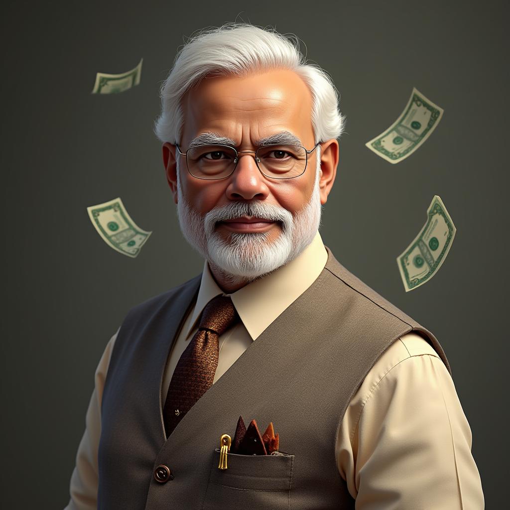  good quality, high quality, highly realistic, narendra modi look like business man, background moneys