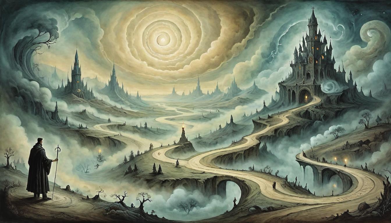  on parchment, surrealism+++, A single figure standing at the crossroads of multiple timelines, each path diverging into different realities, swirling mists and shadowy landscapes, ethereal and enigmatic(mysterious, provocative, symbolic,muted color)+++