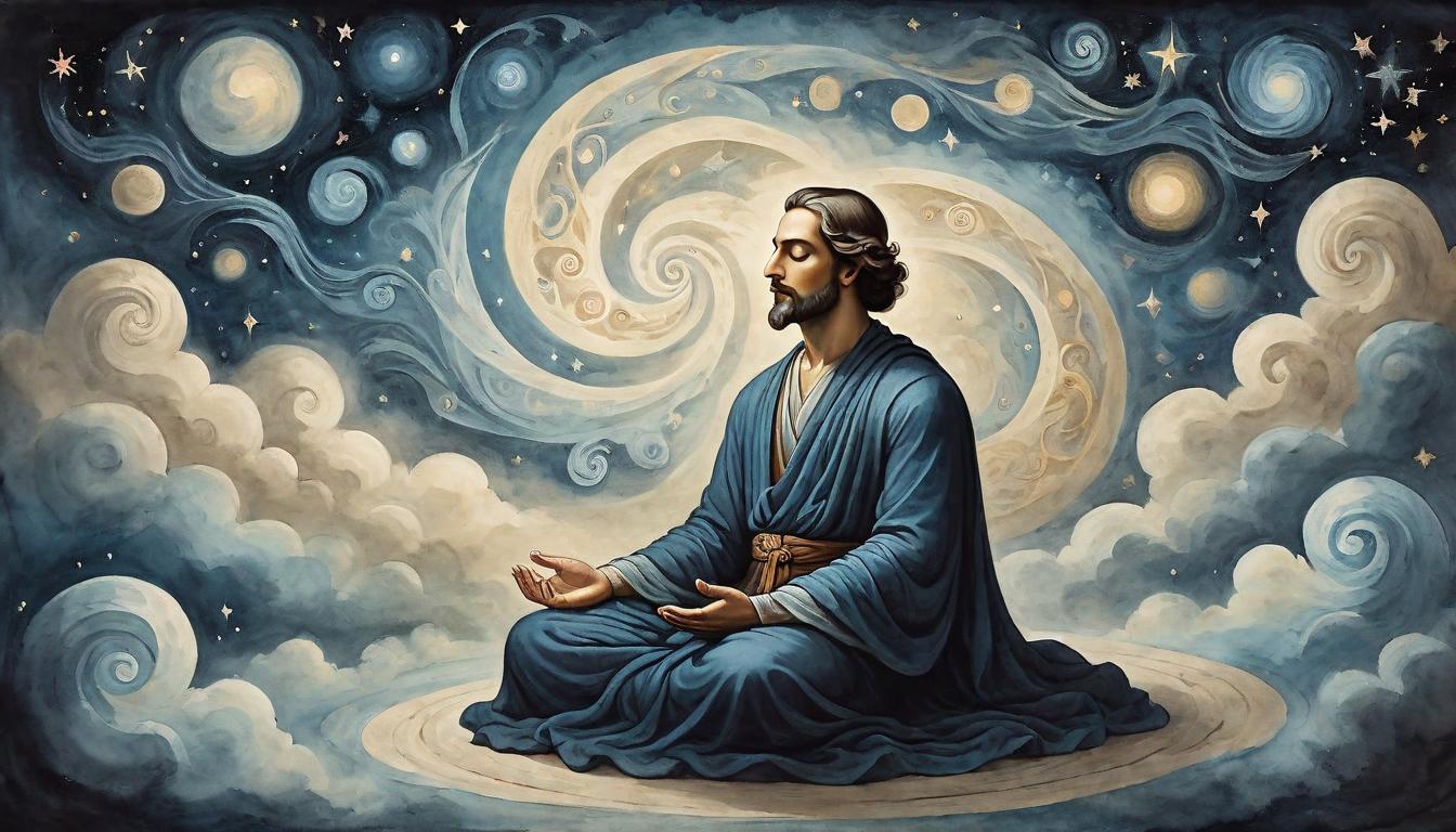  on parchment, surrealism+++, a figure in a meditative pose, surrounded by swirling mystical energies, eyes closed, serene expression, dark starry background, ethereal, contemplative(mysterious, provocative, symbolic,muted color)+++