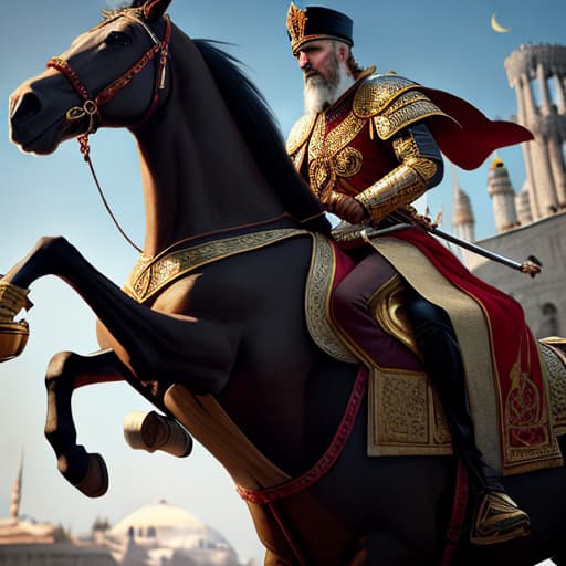  Sultan Mehmet the Conqueror conquers Istanbul on his horse, Constantinople, 1453, style of cinematic hyperrealistic, full body, detailed clothing, highly detailed, cinematic lighting, stunningly beautiful, intricate, sharp focus, f/1. 8, 85mm, (centered image composition), (professionally color graded), ((bright soft diffused light)), volumetric fog, trending on instagram, trending on tumblr, HDR 4K, 8K
