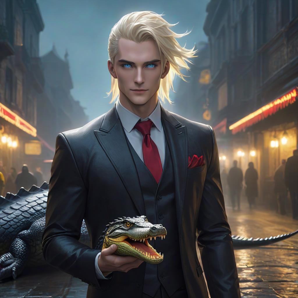  A handsome man in black classic attire with a red shirt, having blue eyes, and yellow silver hair, with a crocodile tail. hyperrealistic, full body, detailed clothing, highly detailed, cinematic lighting, stunningly beautiful, intricate, sharp focus, f/1. 8, 85mm, (centered image composition), (professionally color graded), ((bright soft diffused light)), volumetric fog, trending on instagram, trending on tumblr, HDR 4K, 8K