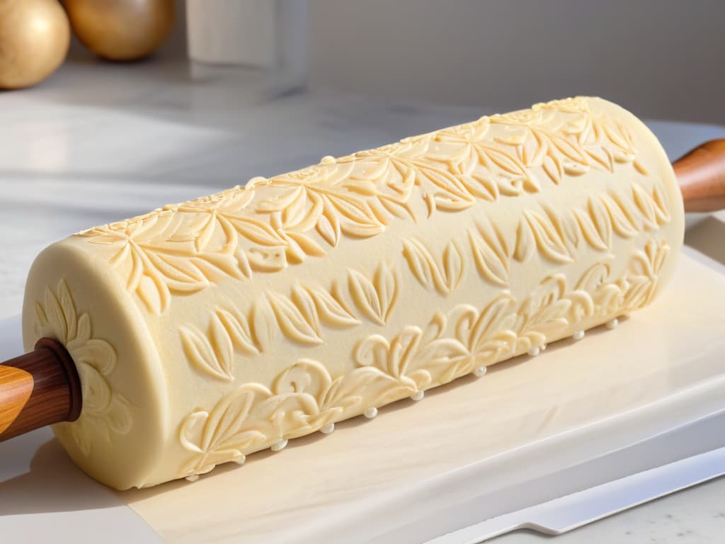  An ultradetailed closeup image of a sleek, modern rolling pin with intricate patterns carved into its surface, casting a soft shadow on a clean, white marble countertop. The patterns on the rolling pin are elegant and precise, showcasing the potential for creating beautifully decorated cookies and fondant designs. The image captures the essence of precision and creativity in pastry decoration, appealing to professional bakers and aspiring confectionery artists seeking inspiration for their next culinary masterpiece. hyperrealistic, full body, detailed clothing, highly detailed, cinematic lighting, stunningly beautiful, intricate, sharp focus, f/1. 8, 85mm, (centered image composition), (professionally color graded), ((bright soft diffused light)), volumetric fog, trending on instagram, trending on tumblr, HDR 4K, 8K