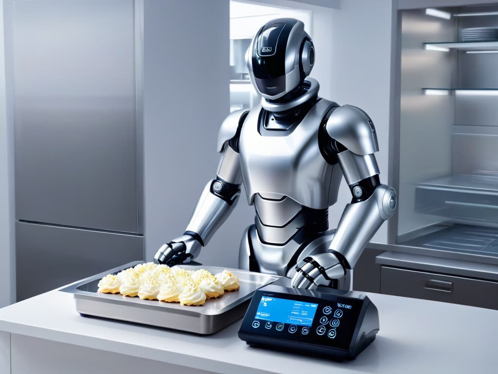  A closeup, ultradetailed image of a sleek, modern, and highend kitchen robot for baking and pastry making. The robot features a glossy silver finish, with intricate buttons and a digital display showing a variety of dessert options. The image captures the precision and sophistication of the machine, highlighting its premium quality and cuttingedge technology. hyperrealistic, full body, detailed clothing, highly detailed, cinematic lighting, stunningly beautiful, intricate, sharp focus, f/1. 8, 85mm, (centered image composition), (professionally color graded), ((bright soft diffused light)), volumetric fog, trending on instagram, trending on tumblr, HDR 4K, 8K